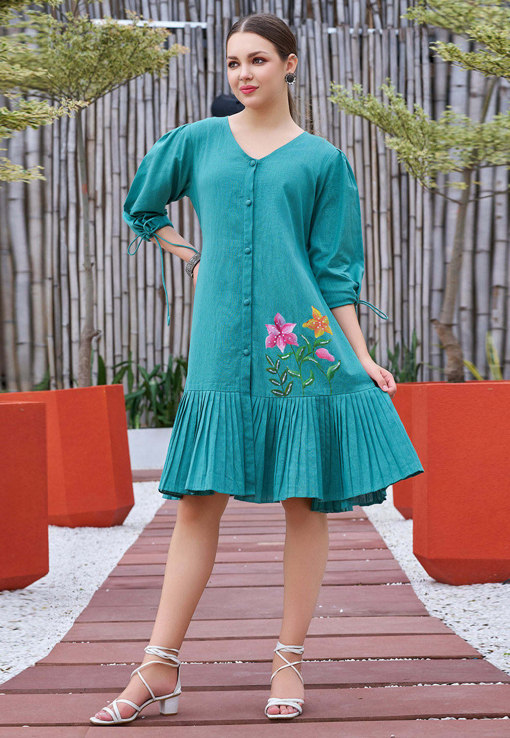 Teal Cotton Short Kurti for Women 308092