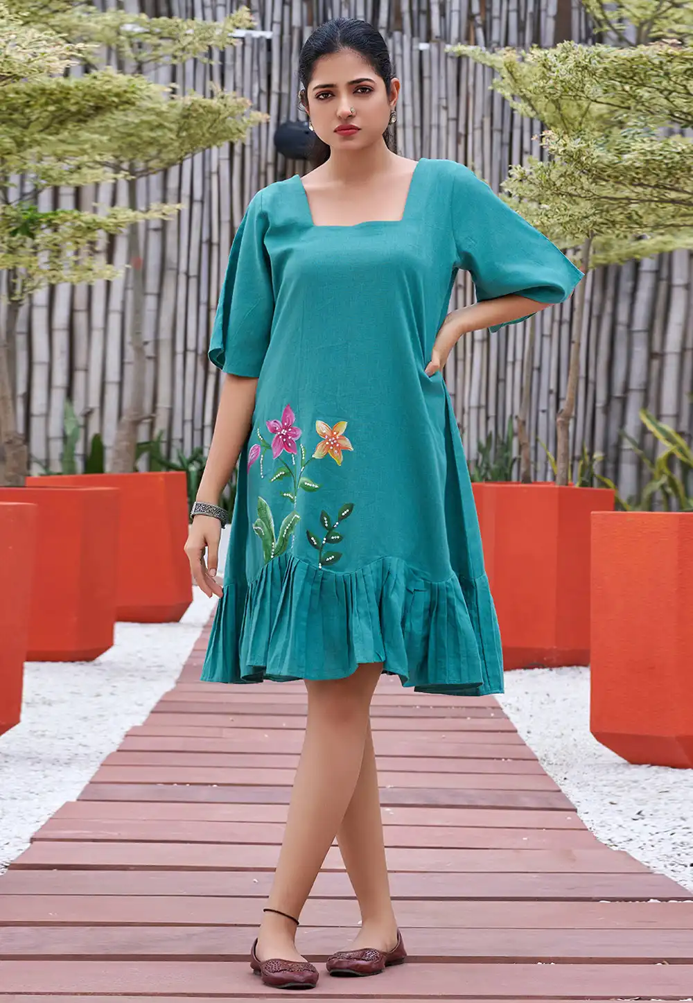 Teal Cotton Short Kurti for Women 308094