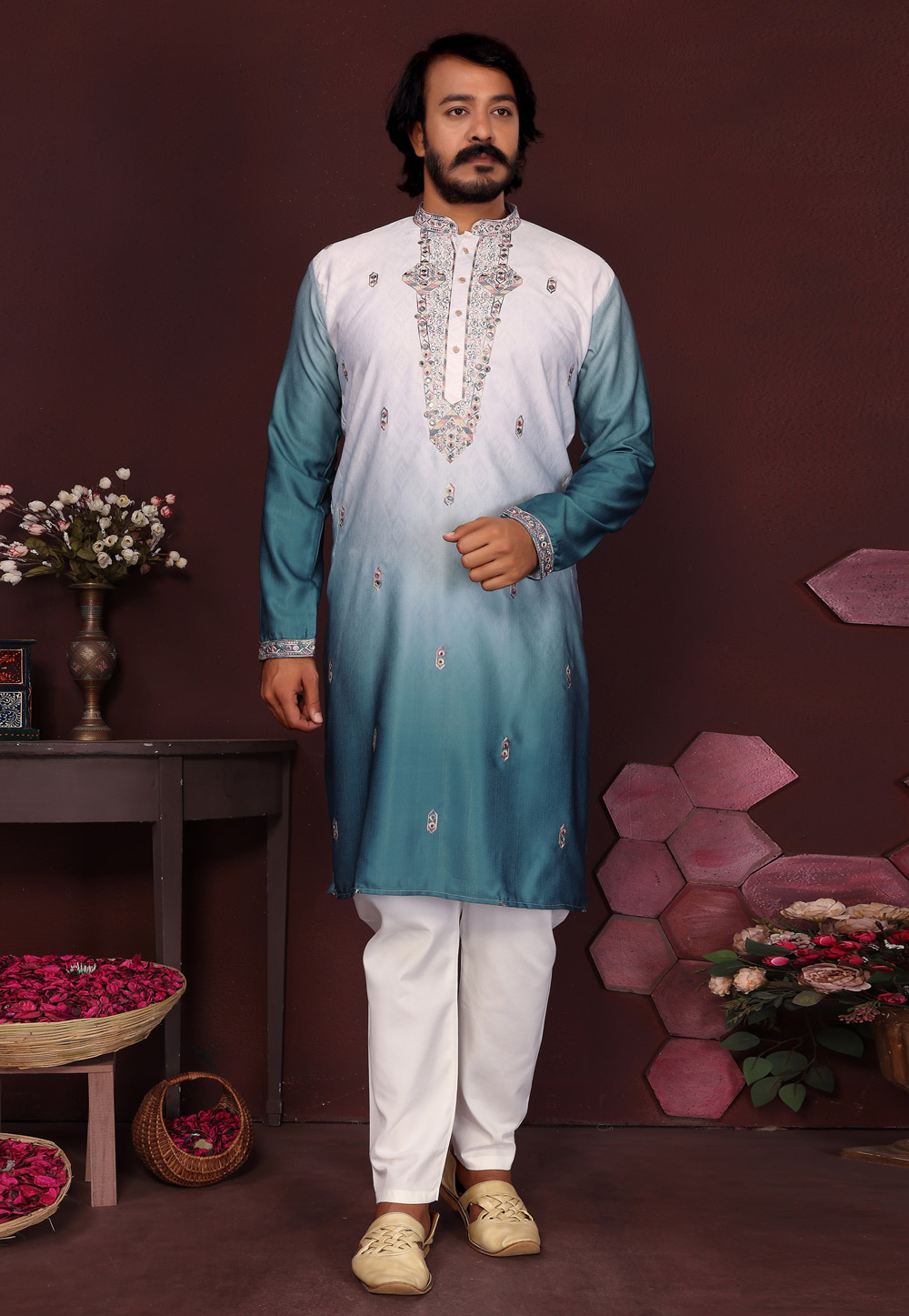 Teal Cotton Silk Kurta Pajama 321014