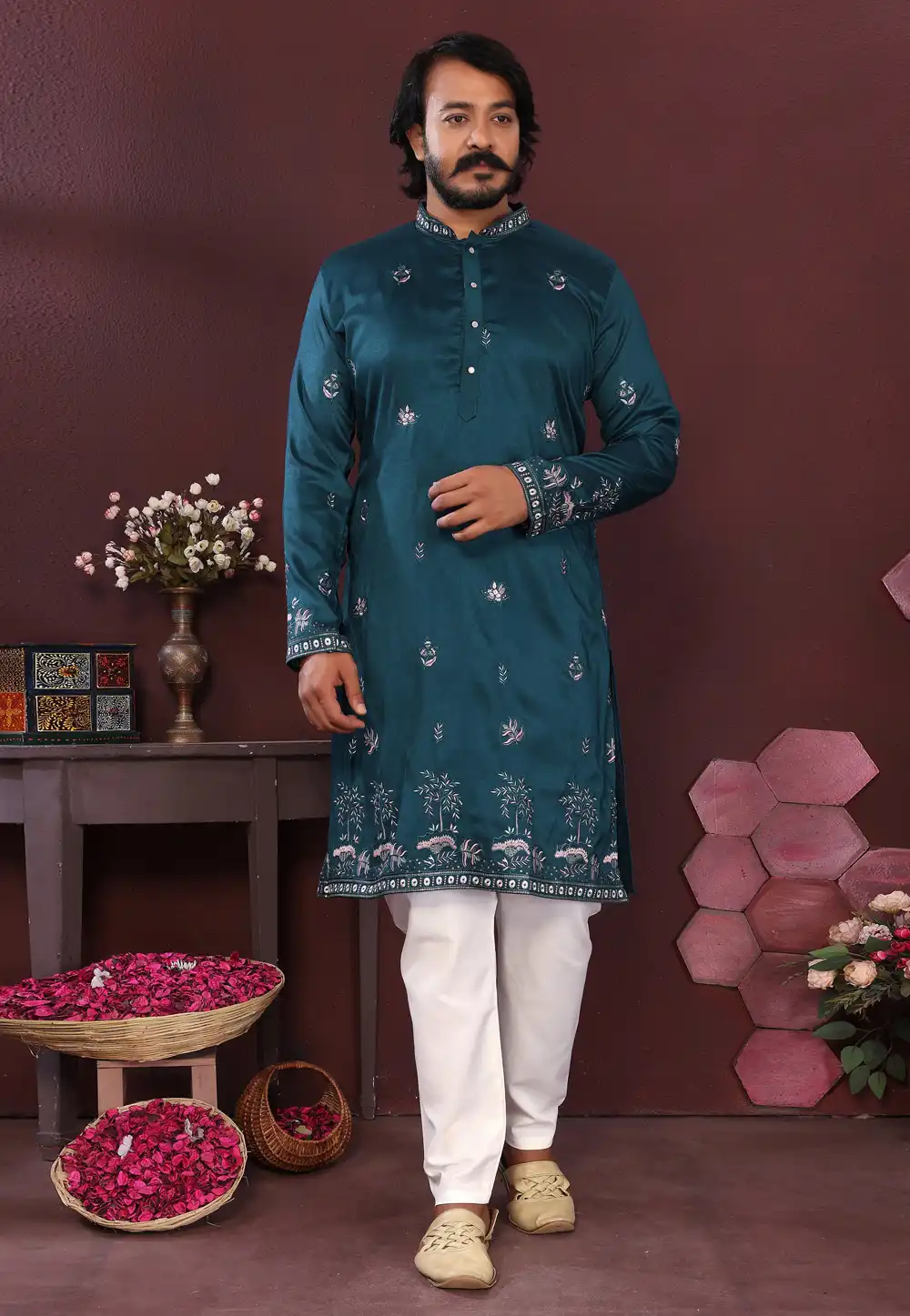 Teal Cotton Silk Kurta Pajama 322095