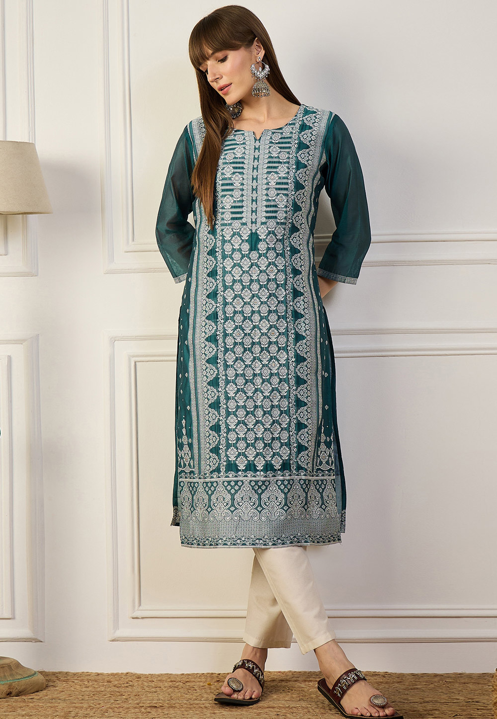 Teal Cotton Silk Long Kurti 325871