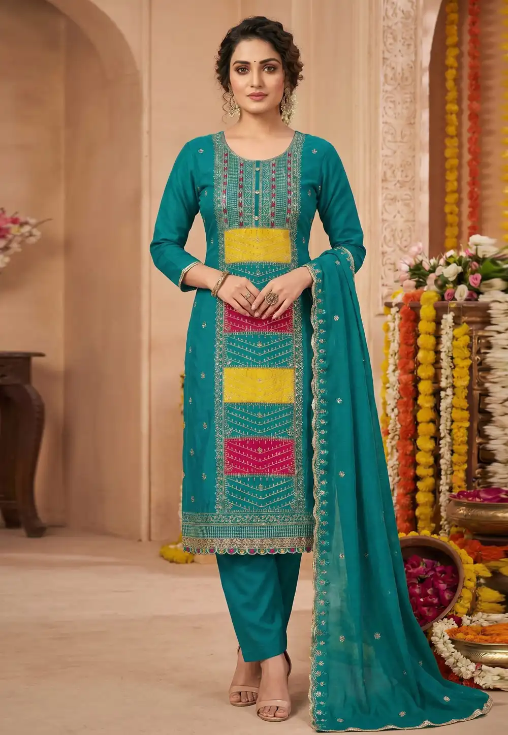 Teal Cotton Silk Pant Style Suit 327722