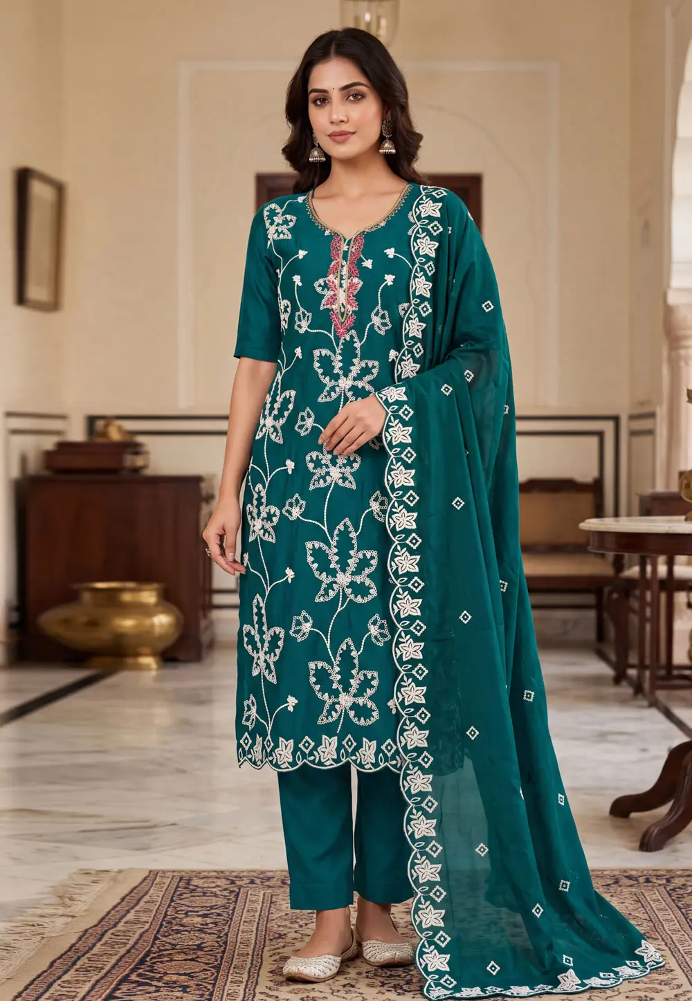 Teal Cotton Silk Pant Style Suit 336082
