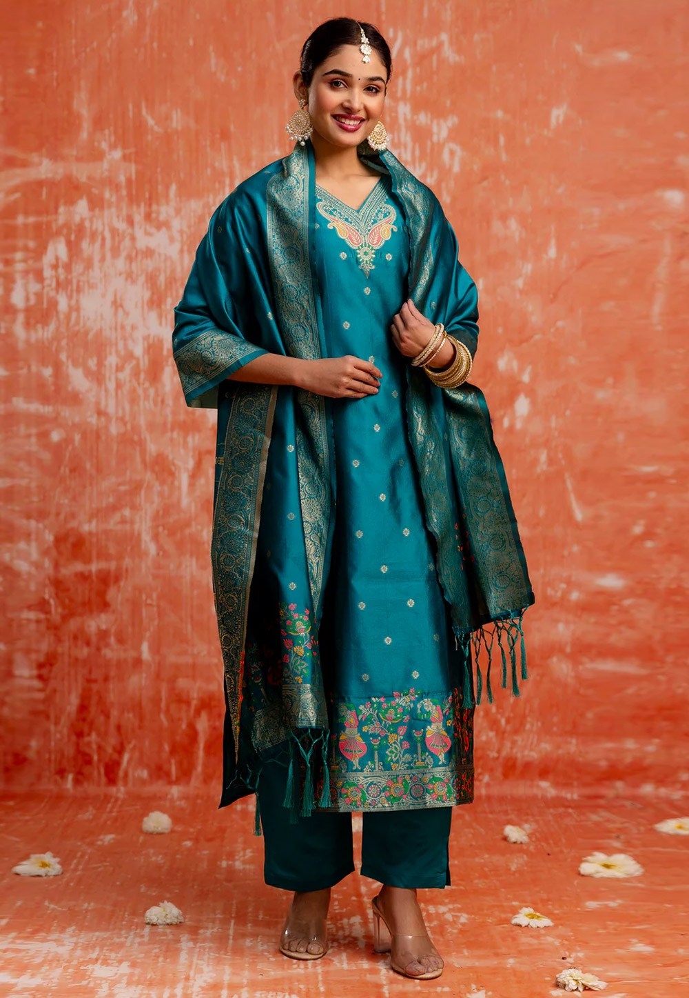 Teal Cotton Silk Readymade Pakistani Suit 307113