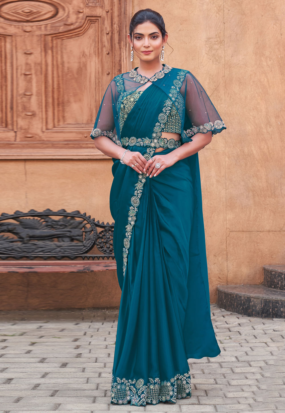 Teal Crepe Designer Saree 306999