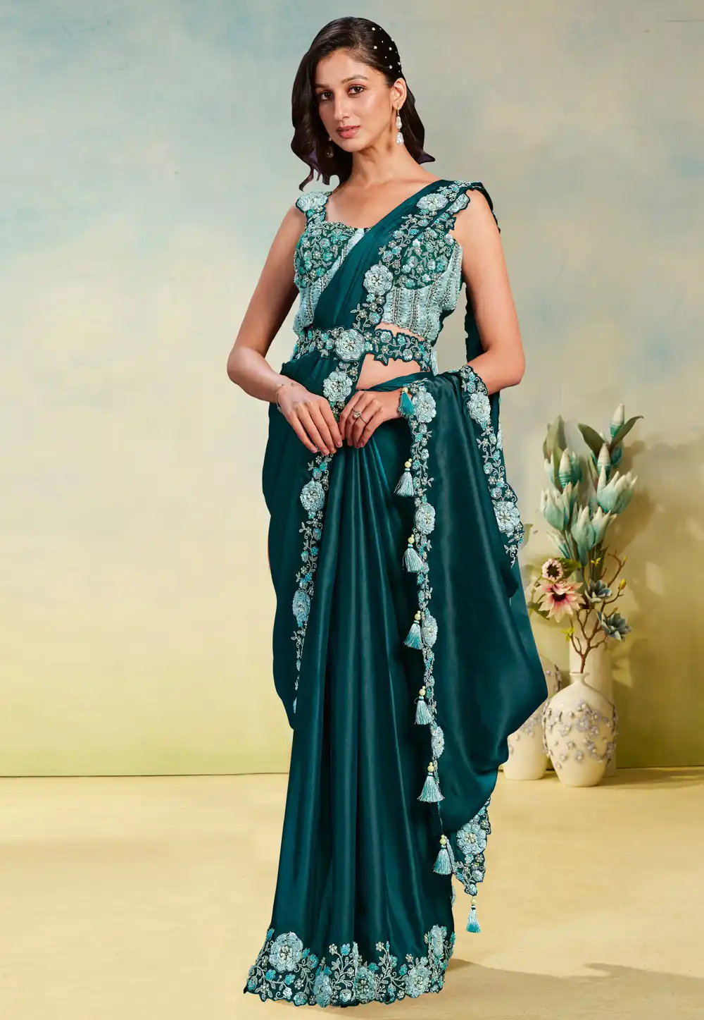 Teal Crepe Lehenga Saree 317970