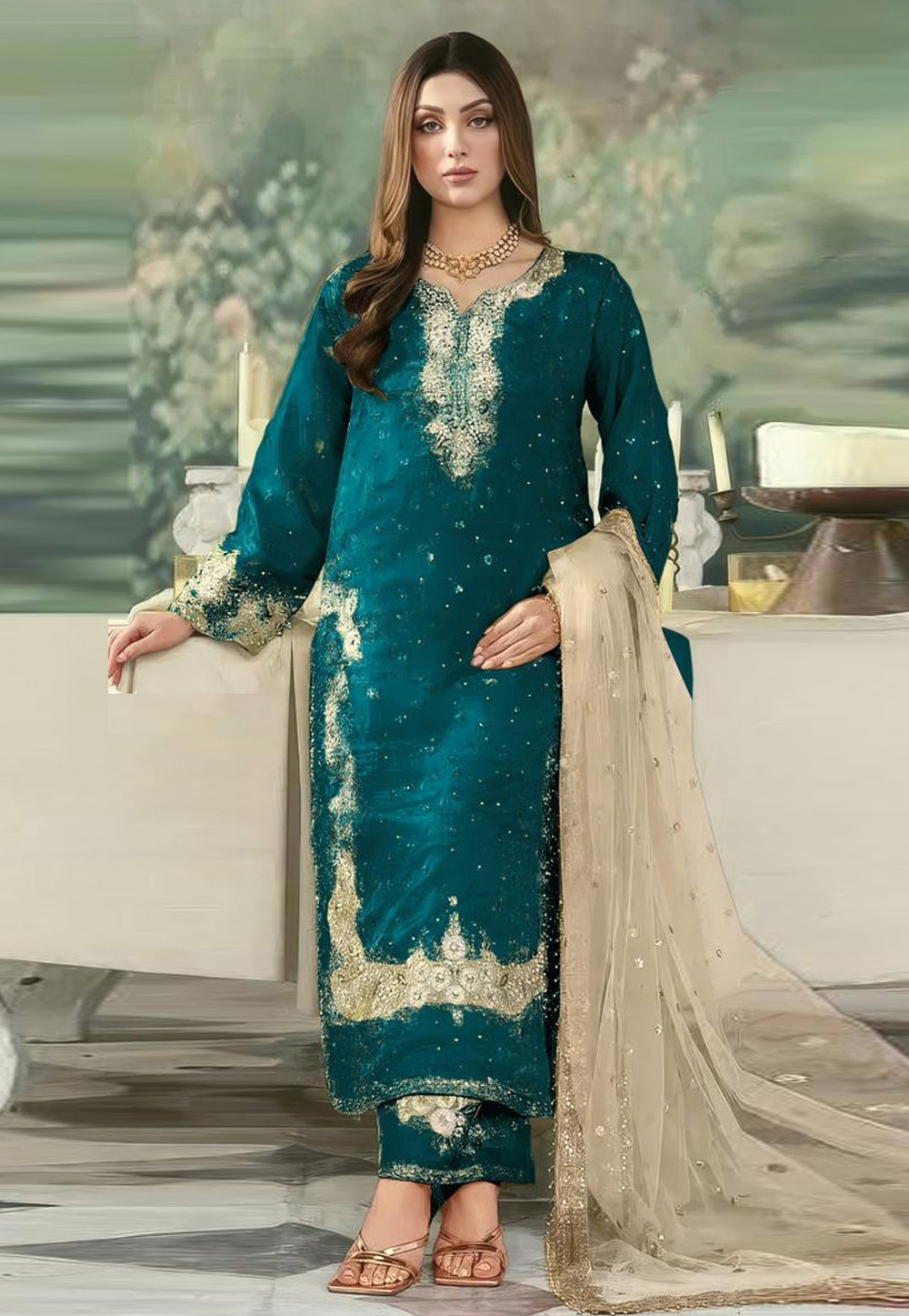Teal Crepe Pakistani Suit 323346