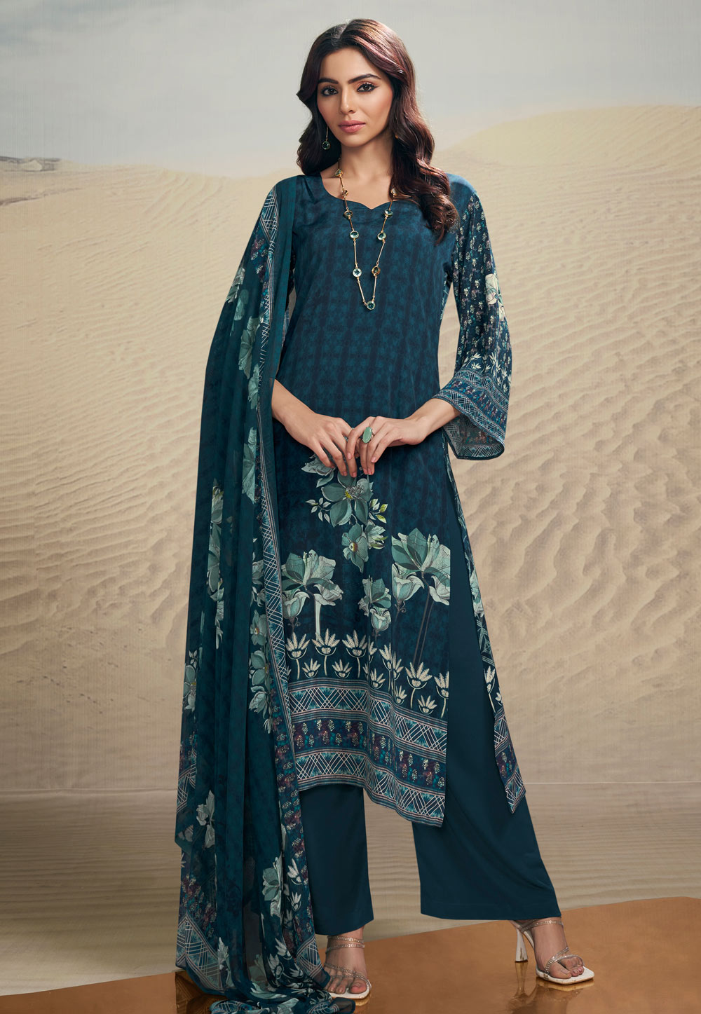 Teal Crepe Pakistani Suit 284981