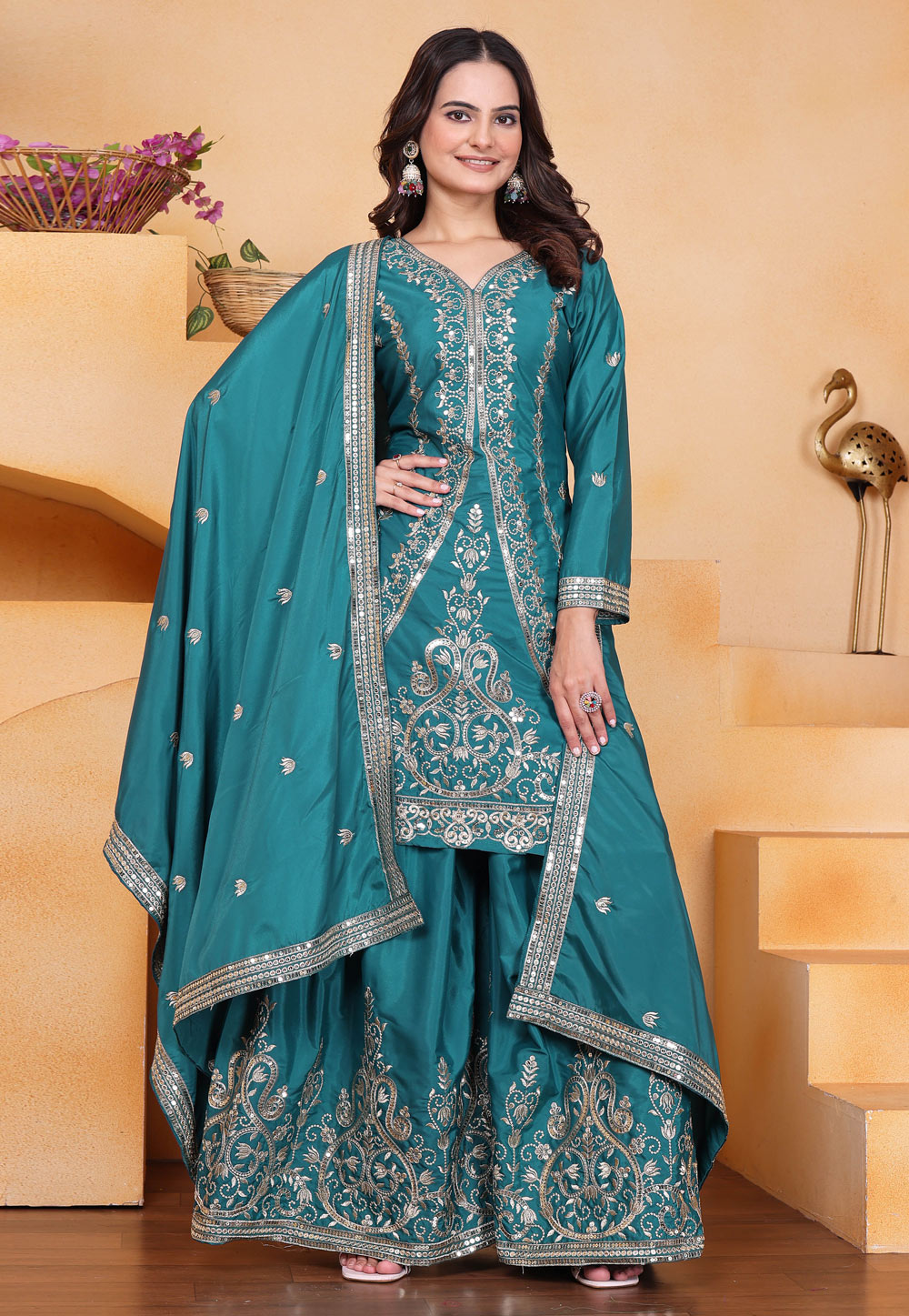 Teal Crepe Readymade Palazzo Suit 320240