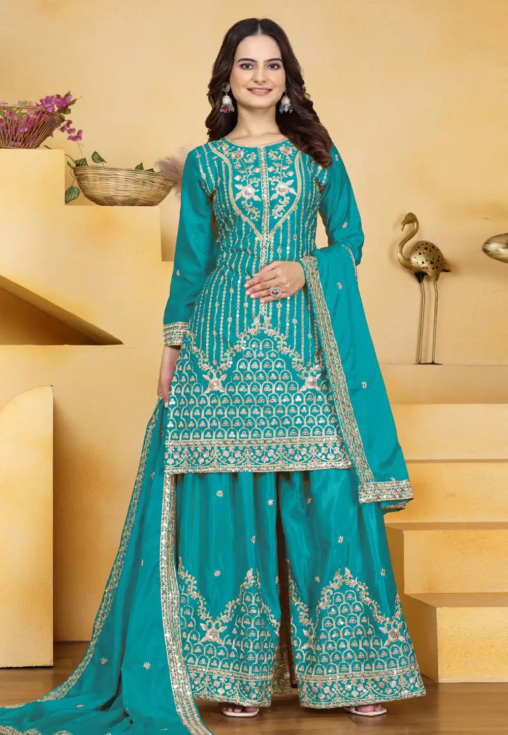 Teal Crepe Readymade Palazzo Suit 326411