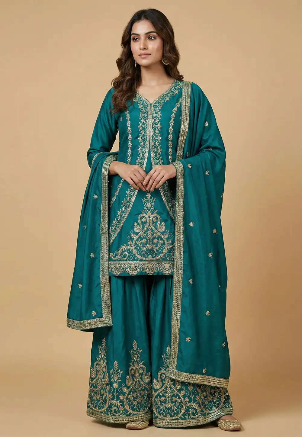 Teal Crepe Readymade Sharara Suit 323847