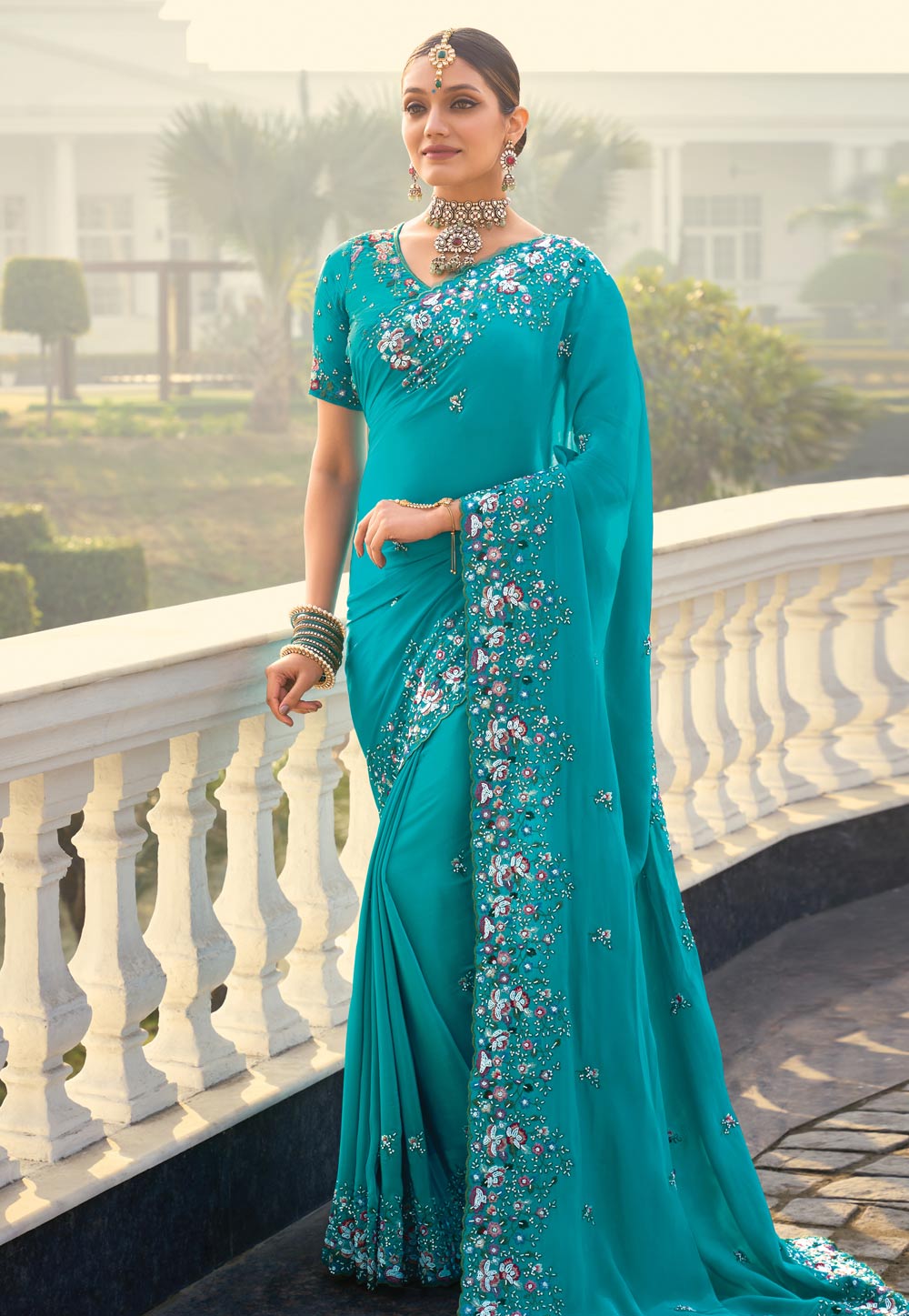 Teal Crepe Saree With Blouse 306558