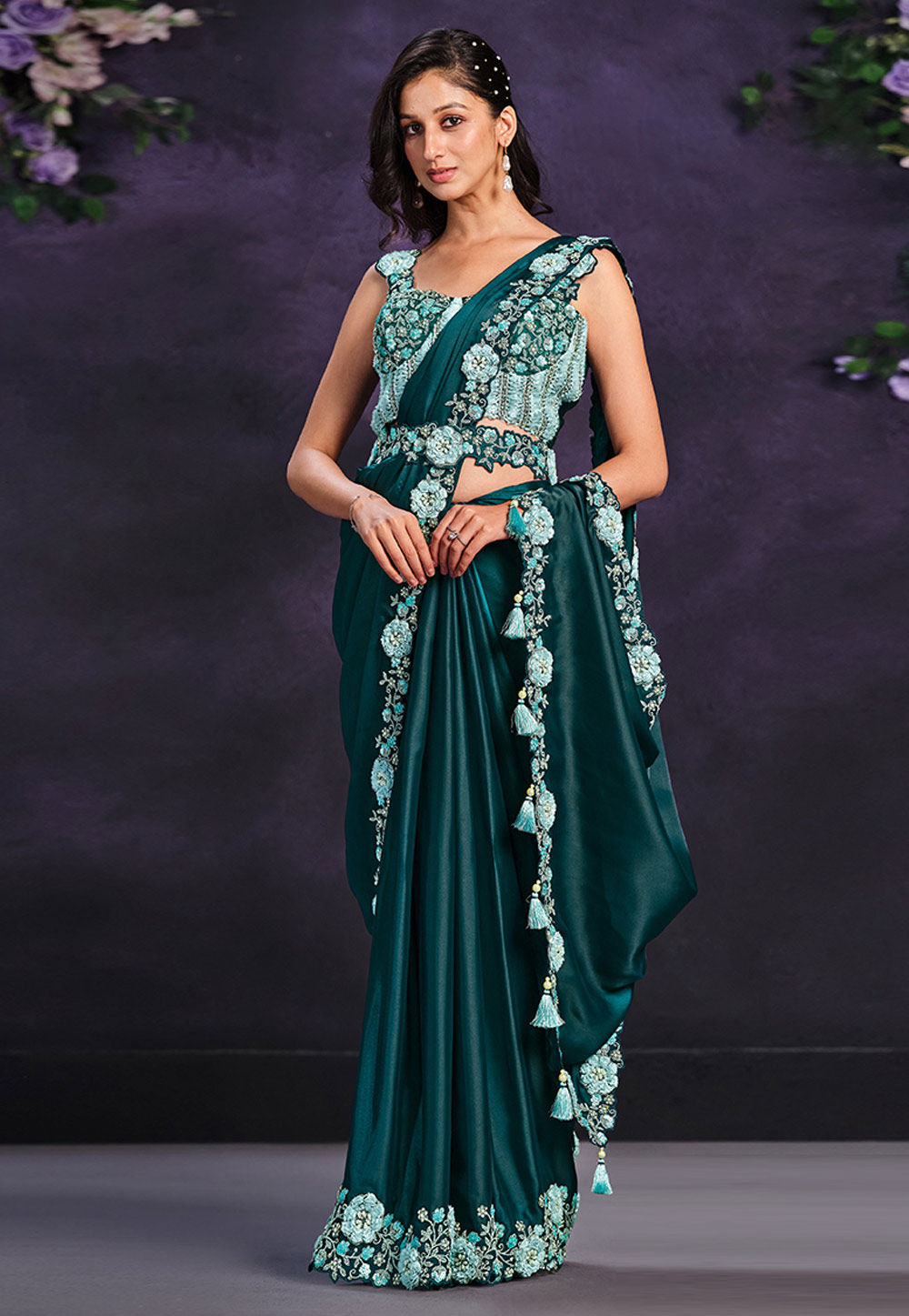 Teal Crepe Satin Saree With Blouse 286614