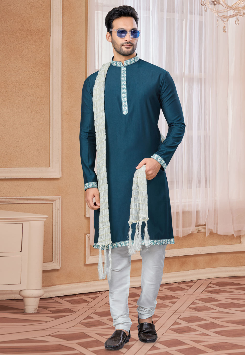 Teal Crepe Silk Kurta Pajama 307667