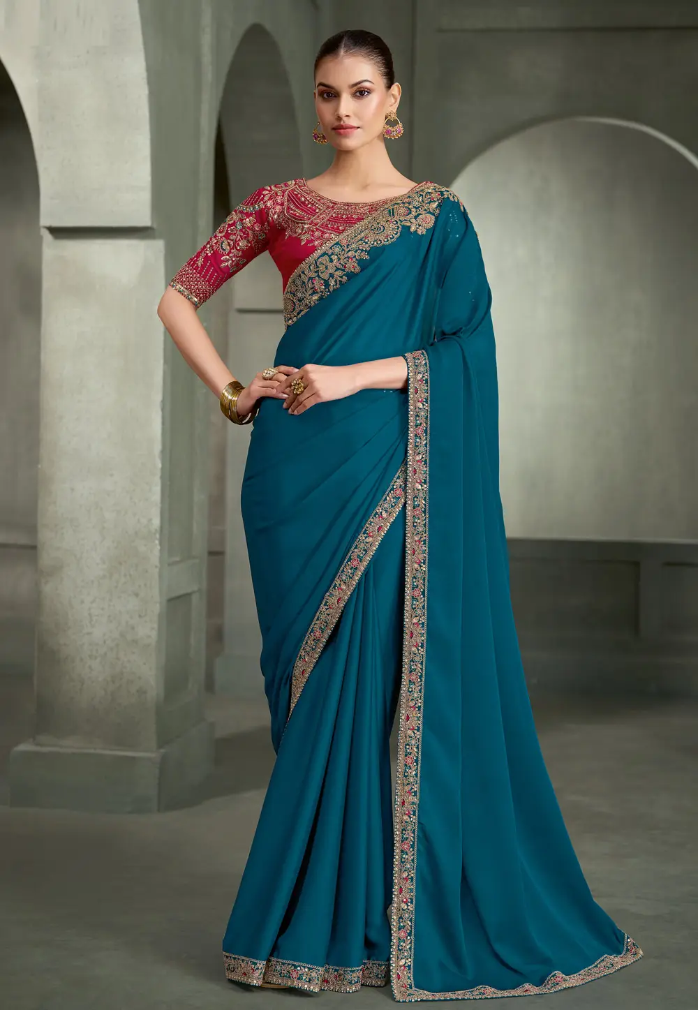 Teal Crepe Silk Saree With Blouse 335319