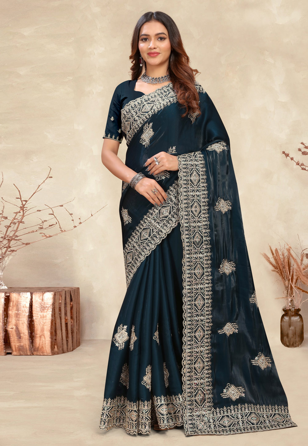Teal Crepe Silk Saree With Blouse 282861