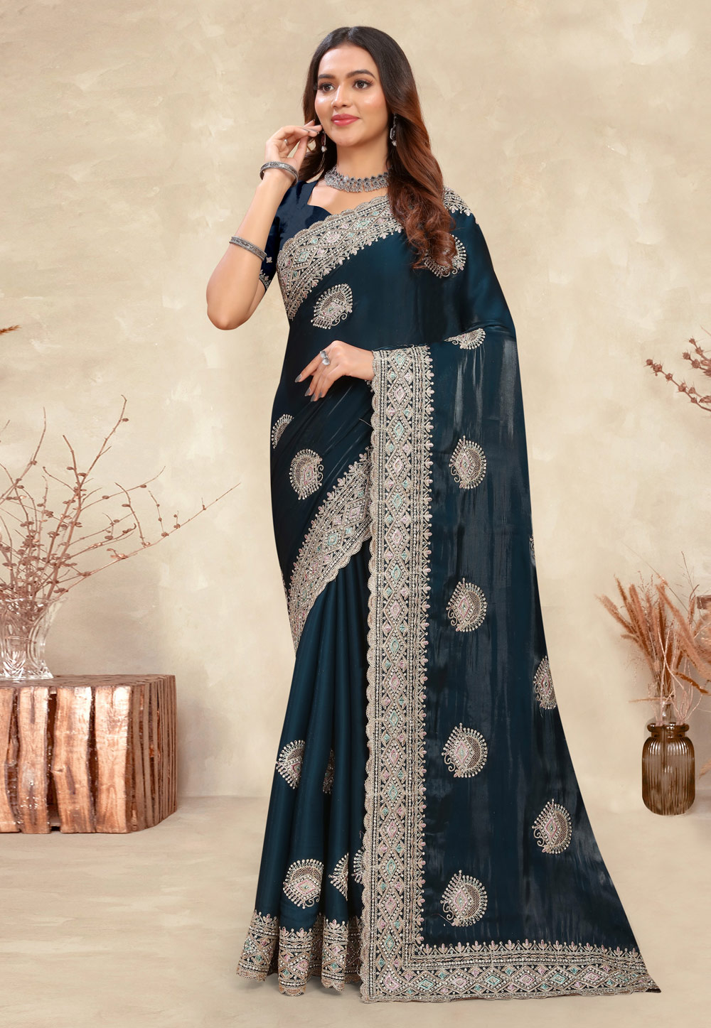 Teal Crepe Silk Saree With Blouse 282865