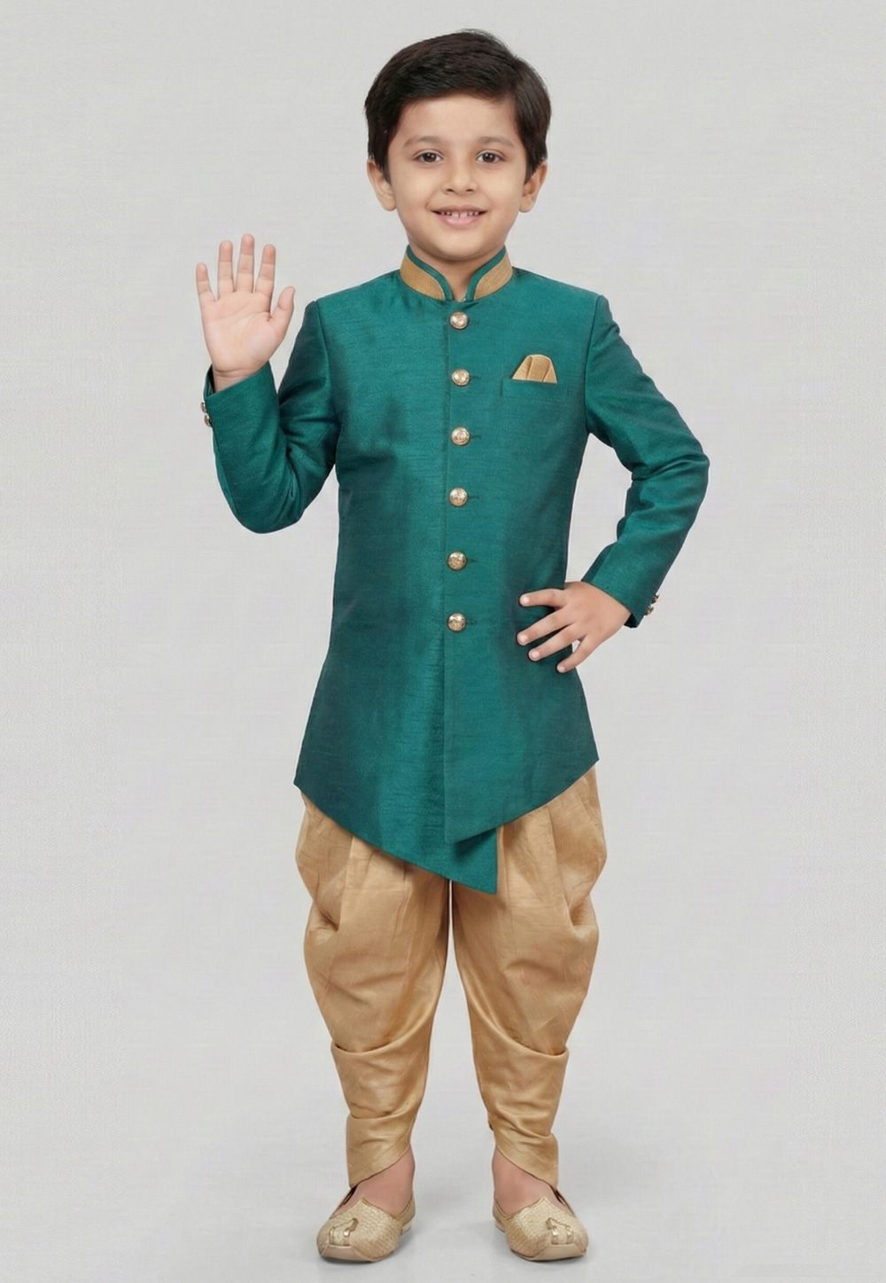 Teal Dupion Kids Indo Western Suit 323136