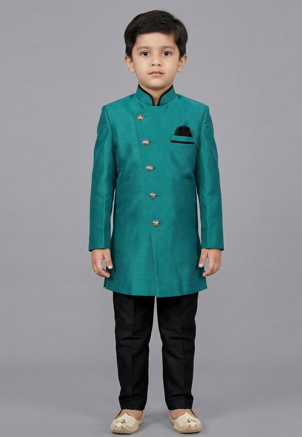 Teal Dupion Kids Indo Western Suit 323145