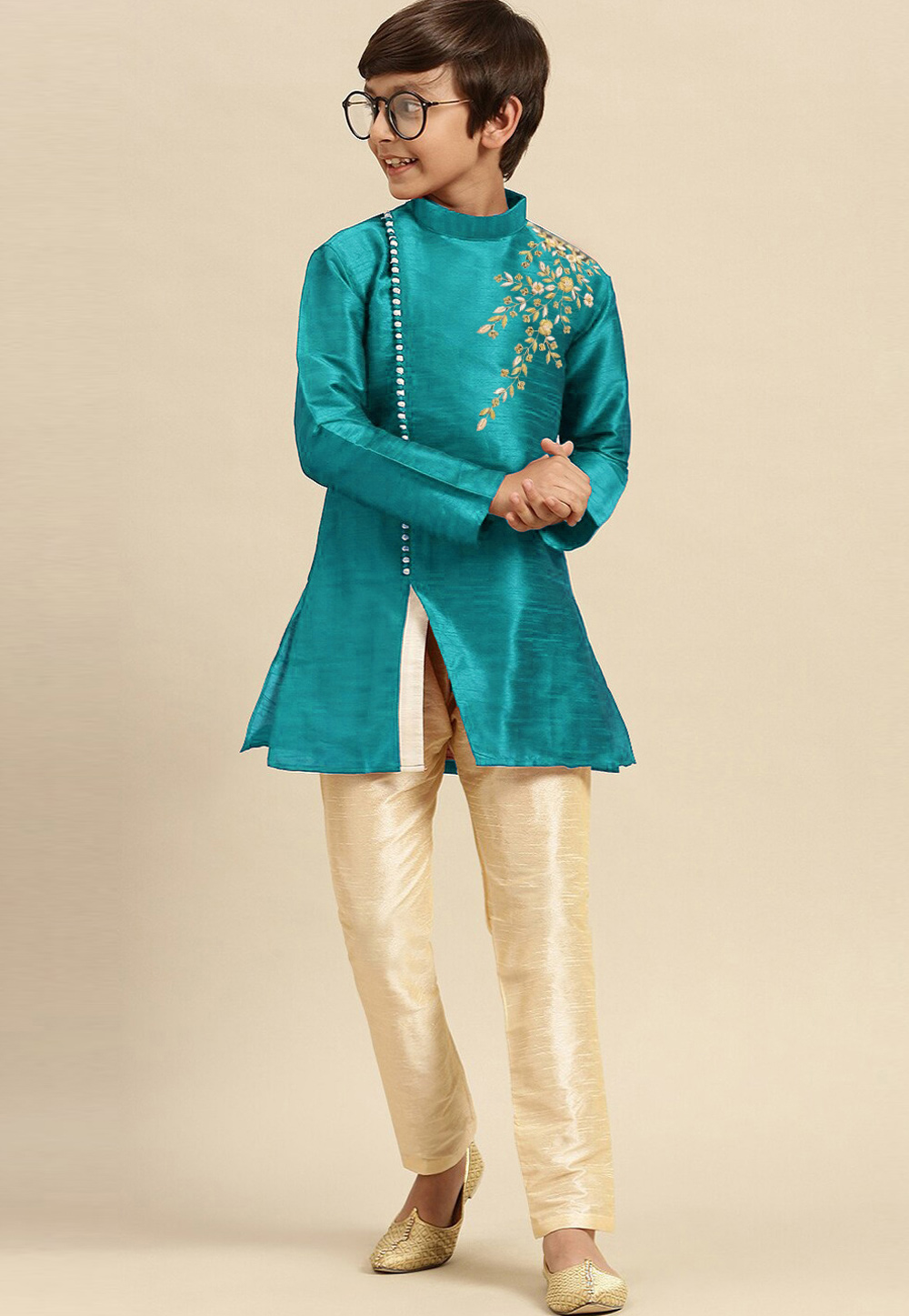 Teal Dupion Silk Kids Kurta Pajama 316880