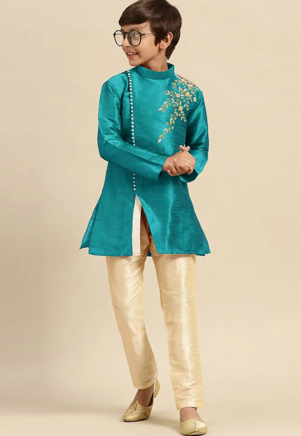 Teal Dupion Silk Kids Kurta Pajama 316880
