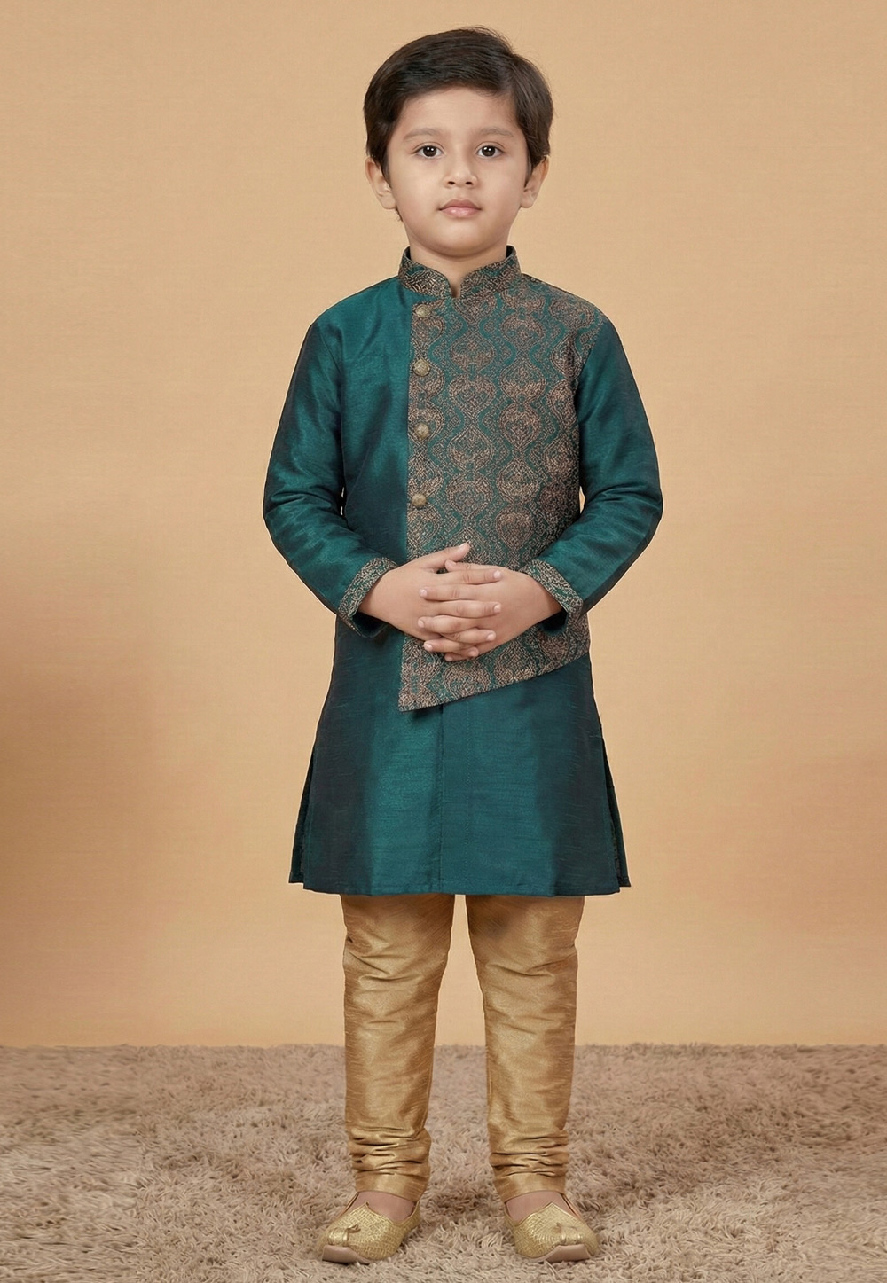 Teal Dupion Silk Kids Kurta Pajama 323532