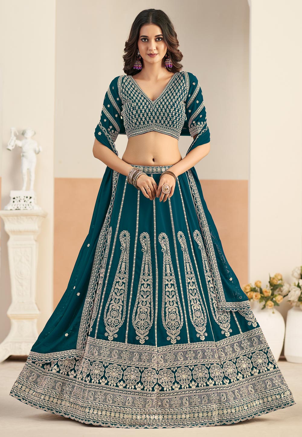 Teal Faux Georgette A Line Lehenga Choli 325770