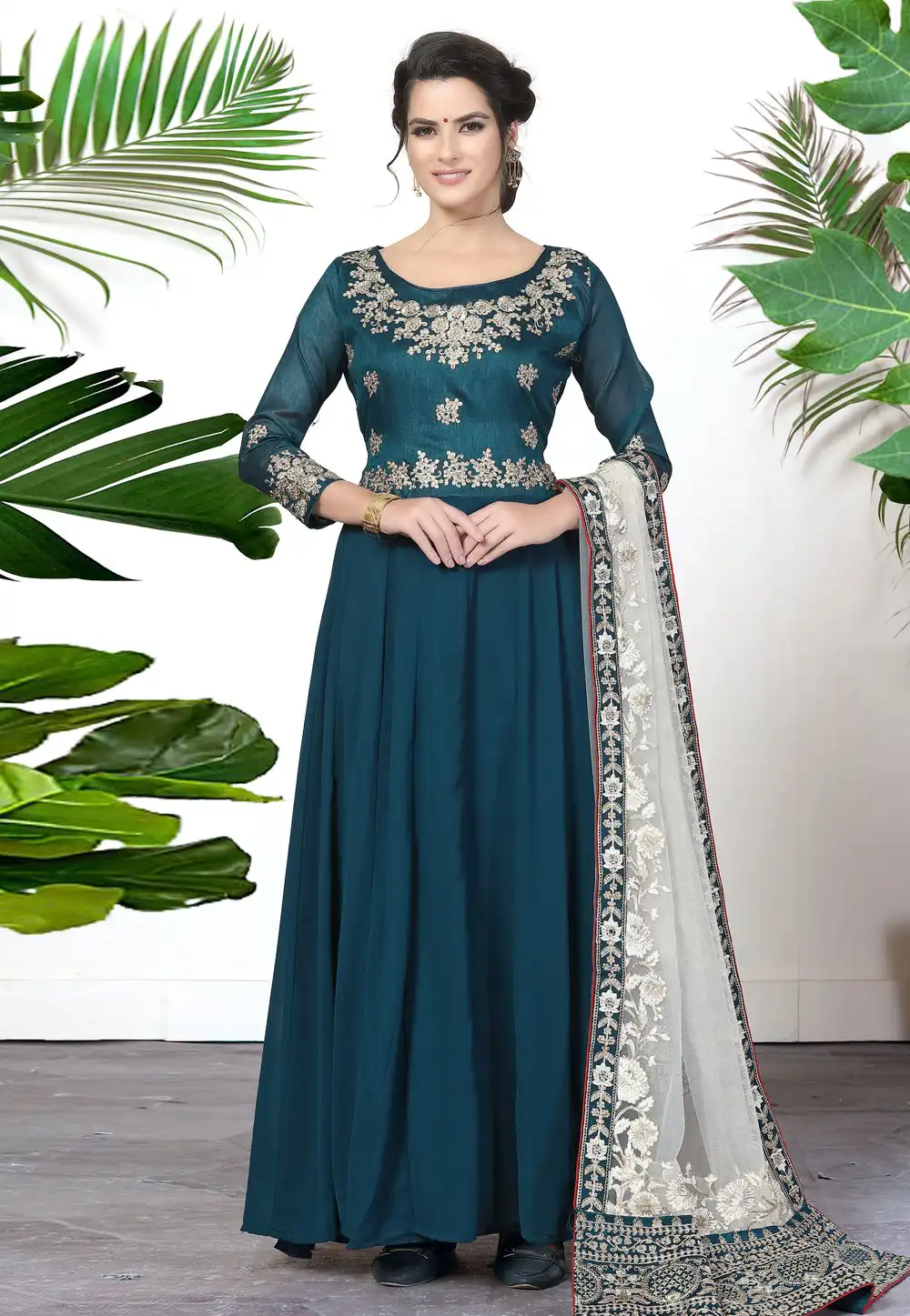 Teal Faux Georgette Anarkali Suit 314645
