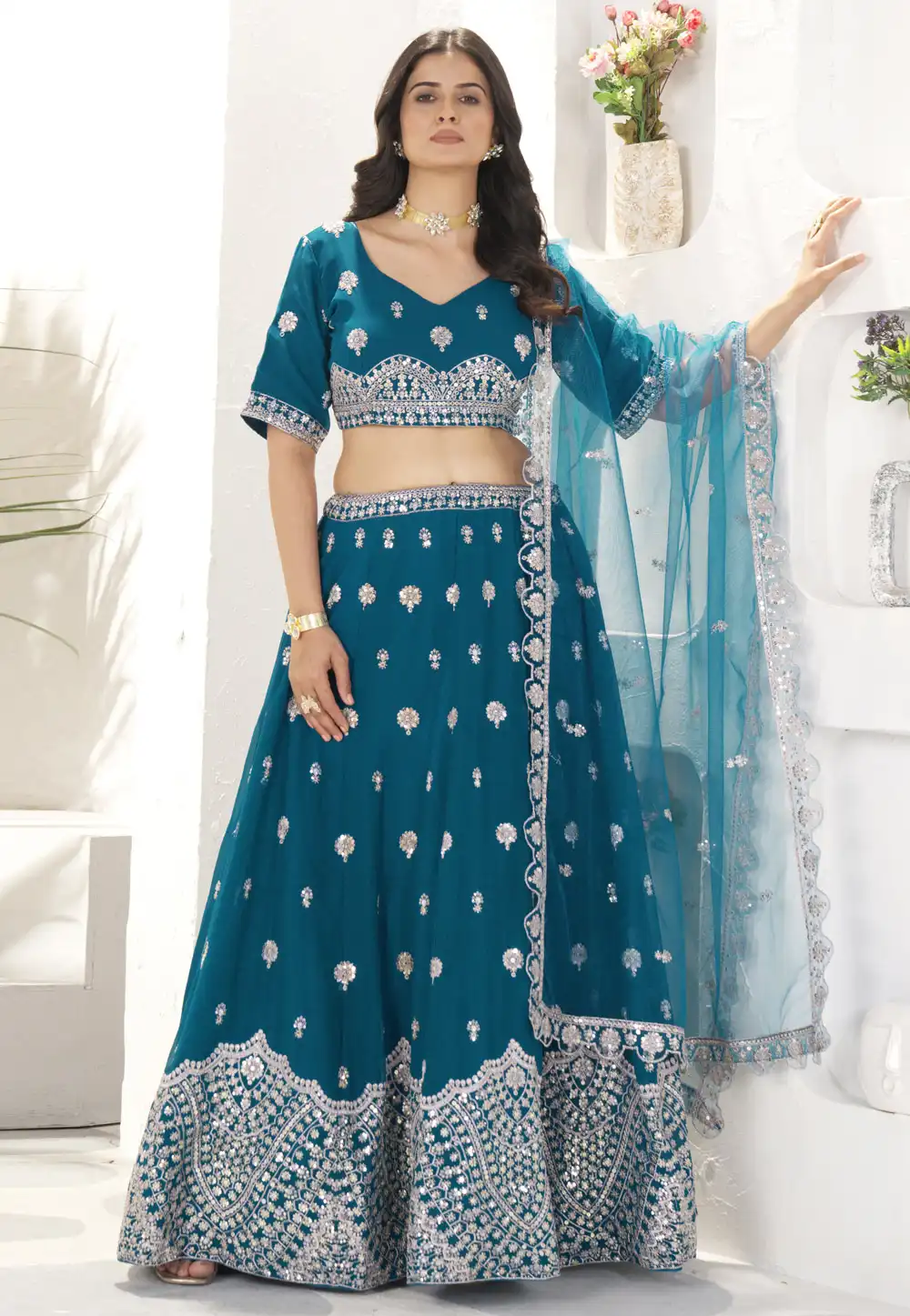 Teal Faux Georgette Circular Lehenga Choli 312073