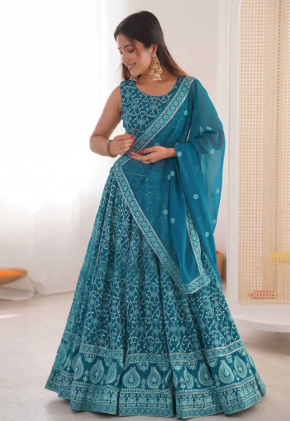 Teal Faux Georgette Circular Lehenga Choli 333828