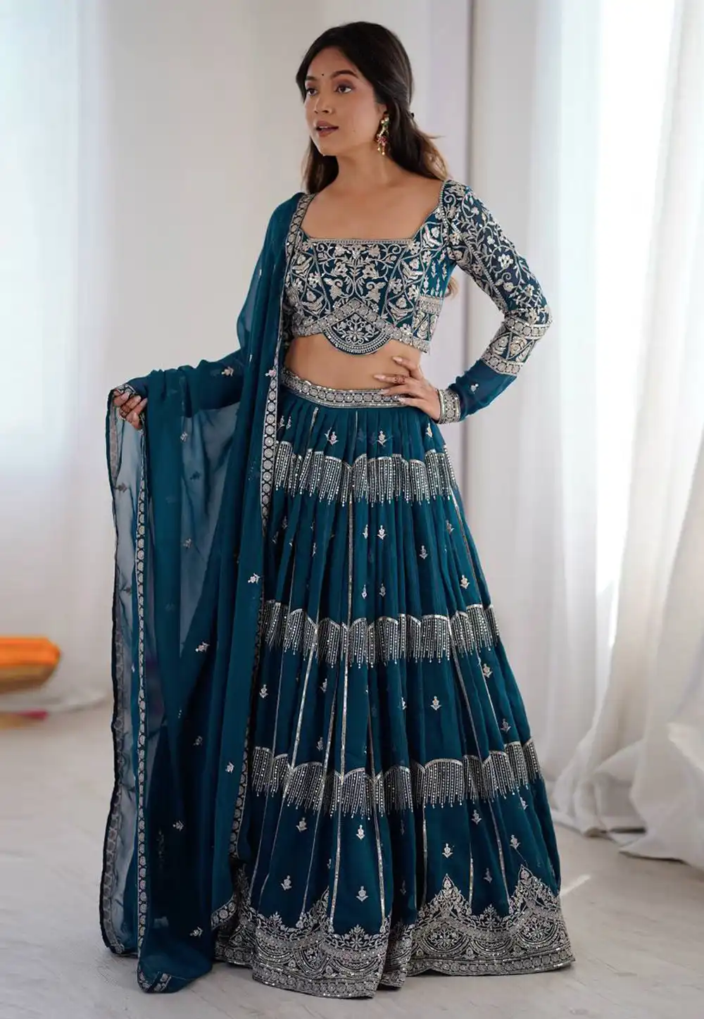 Teal Faux Georgette Circular Lehenga Choli 327689