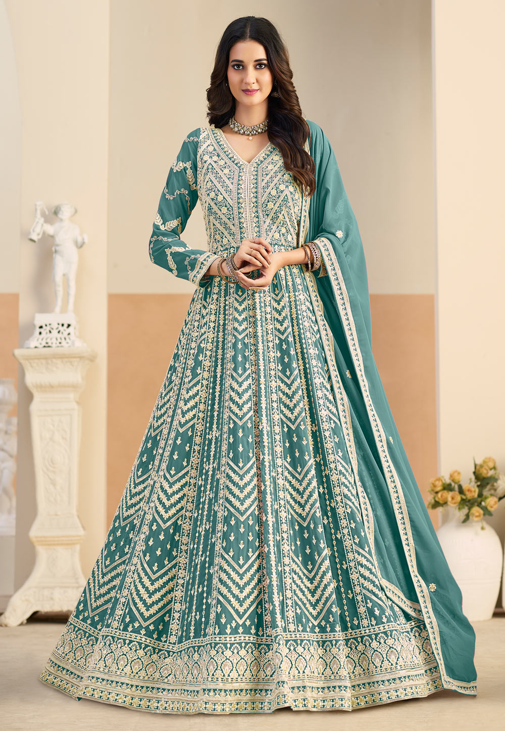 Teal Faux Georgette Embroidered Floor Length Anarkali Suit 325091