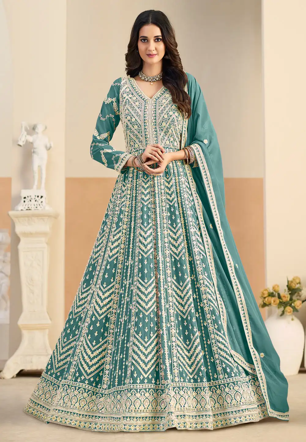 Teal Faux Georgette Embroidered Floor Length Anarkali Suit 325091