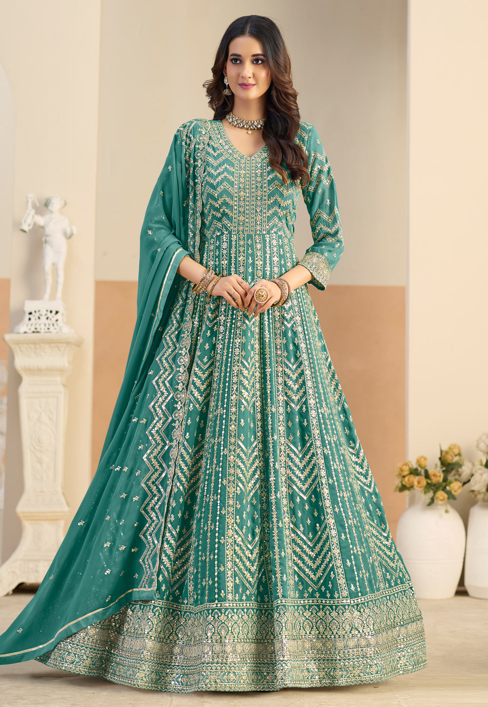 Teal Faux Georgette Embroidered Long Anarkali Suit 325578