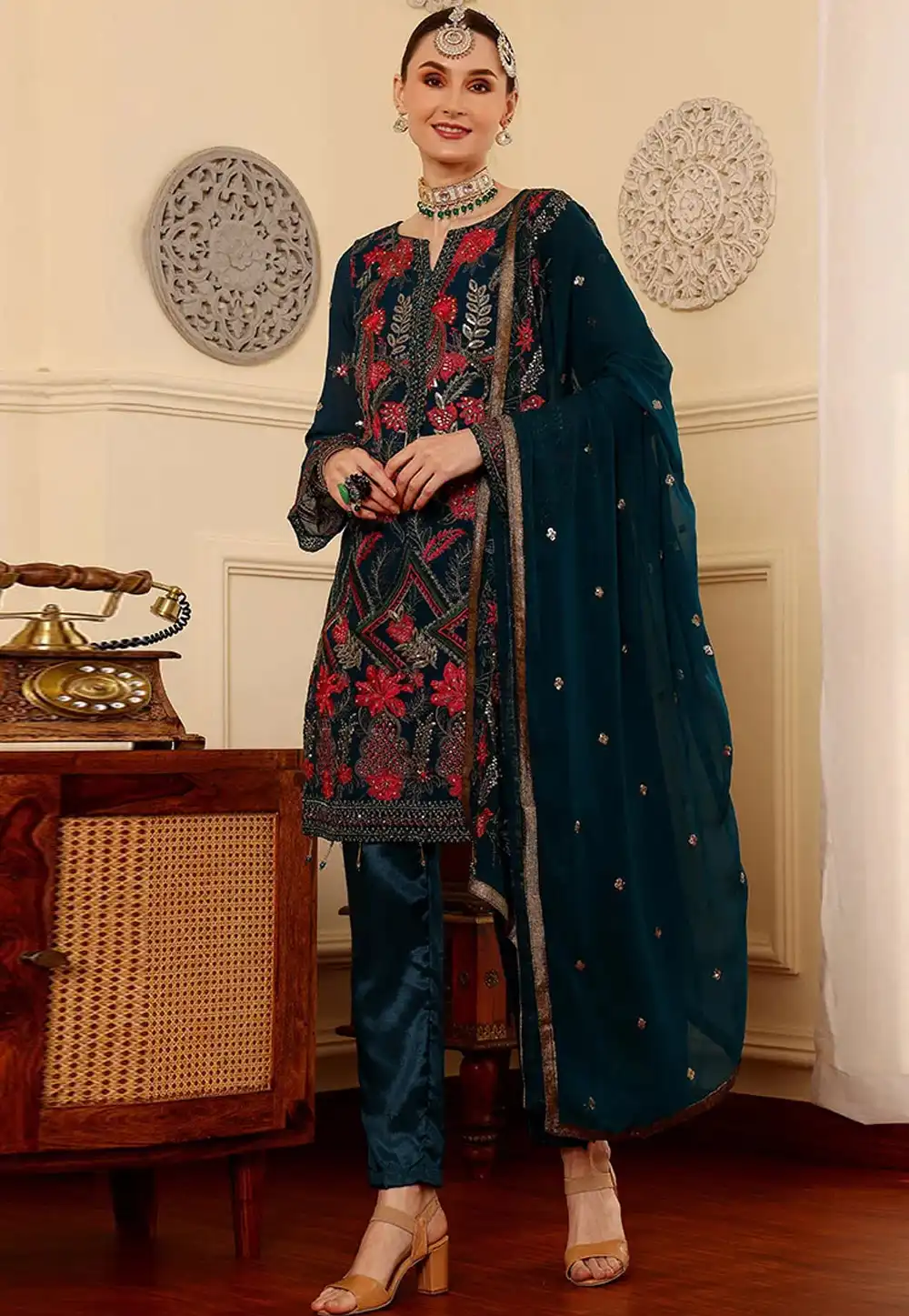 Teal Faux Georgette Embroidered Pakistani Suit 319935