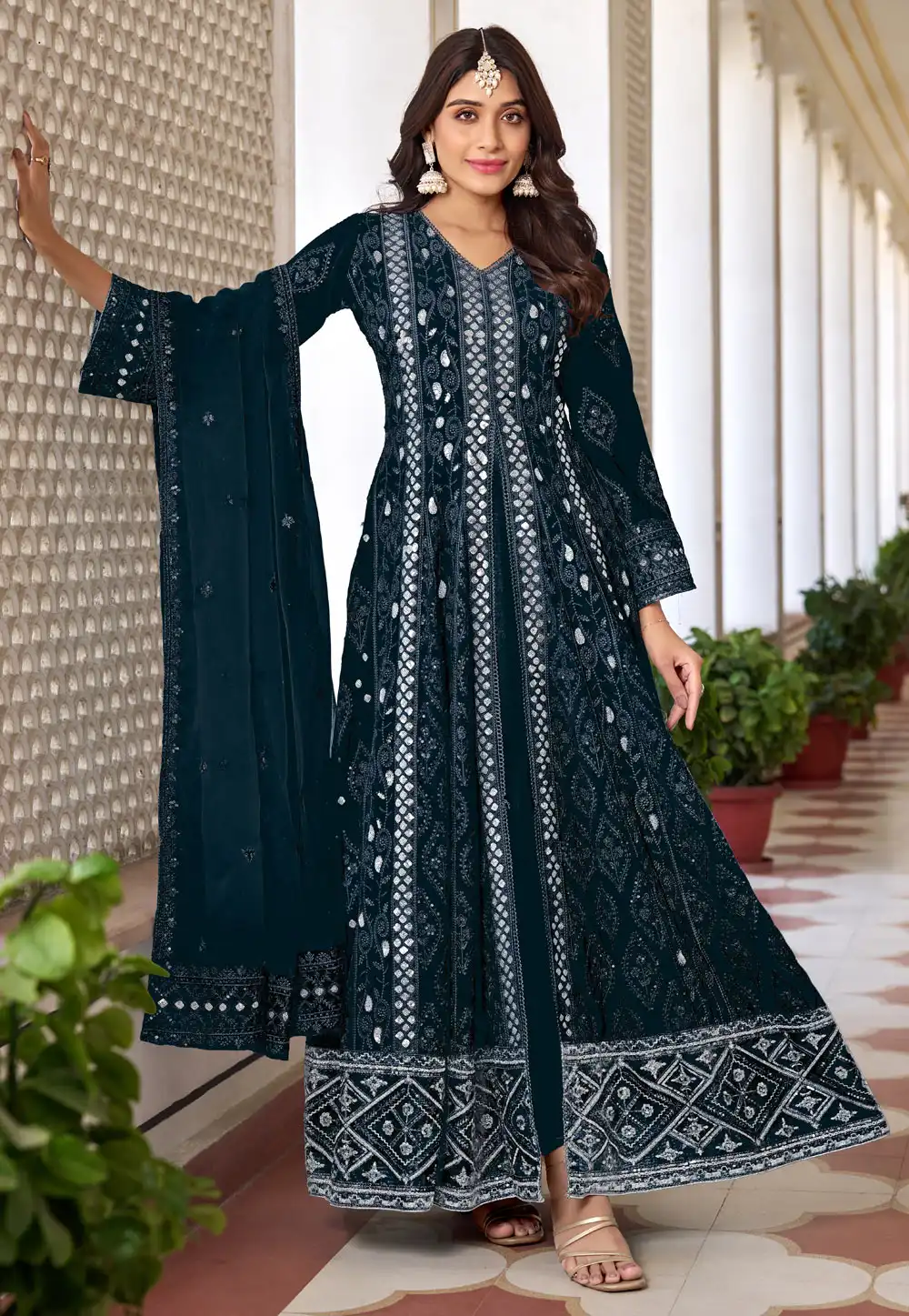 Teal Faux Georgette Embroidered Pant Style Suit 282424