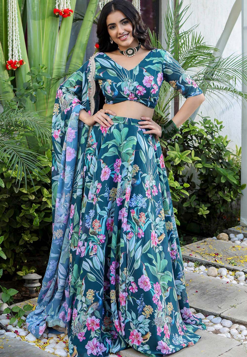 Teal Faux Georgette Floral Lehenga choli 312692
