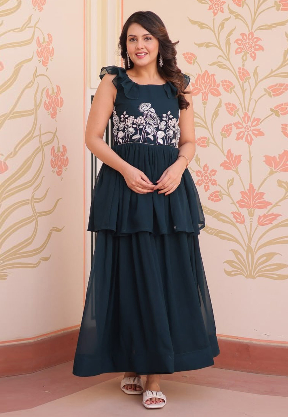 Teal Faux Georgette Gown 311264
