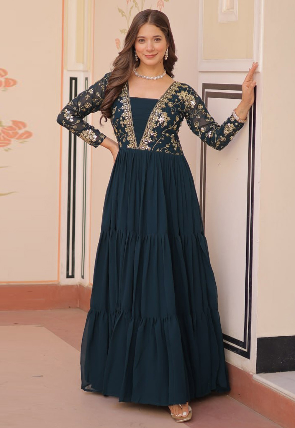 Teal Faux Georgette Gown 313327