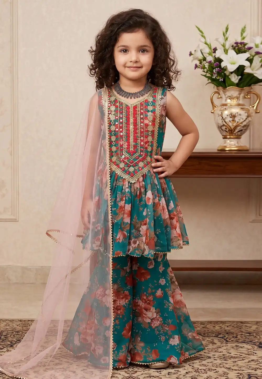 Teal Faux Georgette Kids Sharara Suit 329459