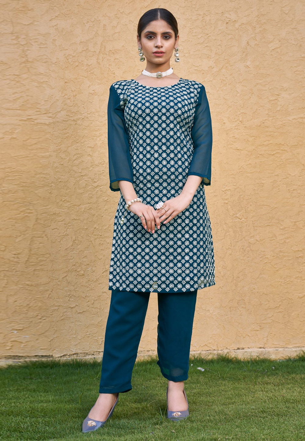 Teal Faux Georgette Kurta Set With Pant 311766