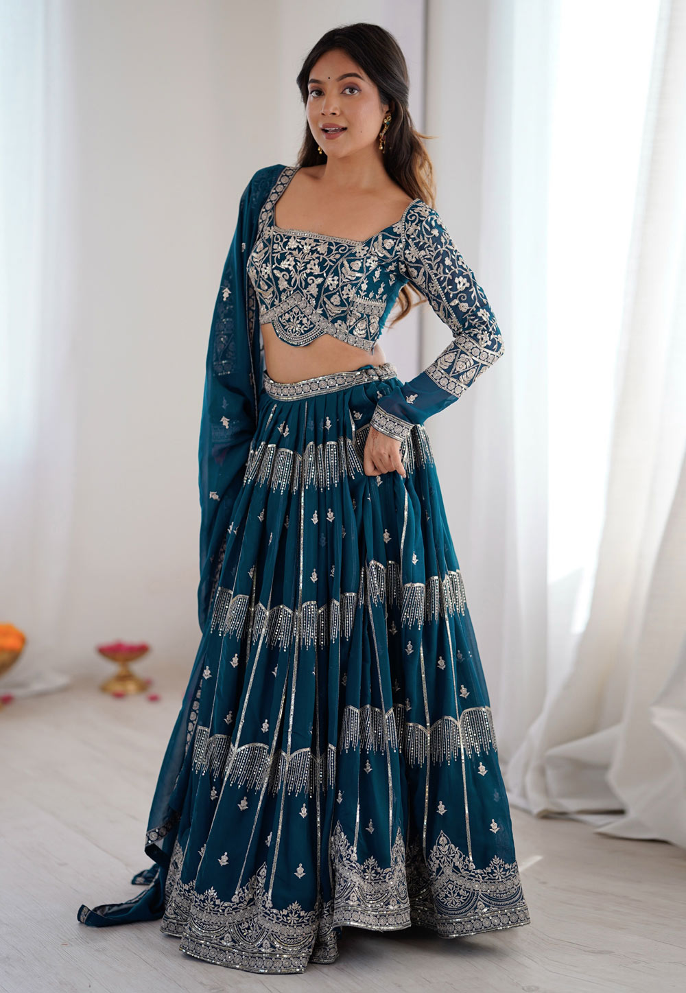 Teal Faux Georgette Lehenga Choli 323640