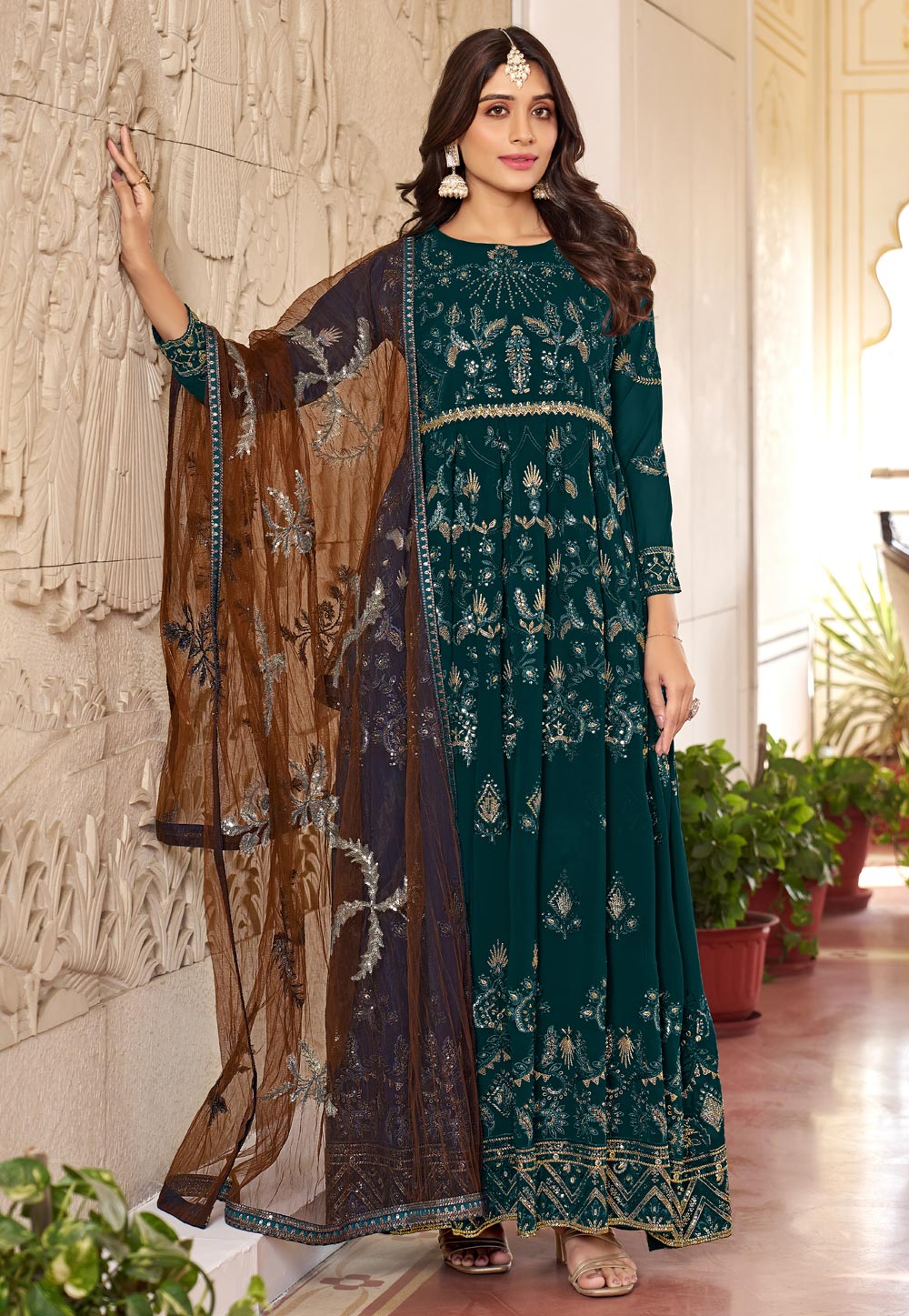 Teal Faux Georgette Long Anarkali Suit 282039