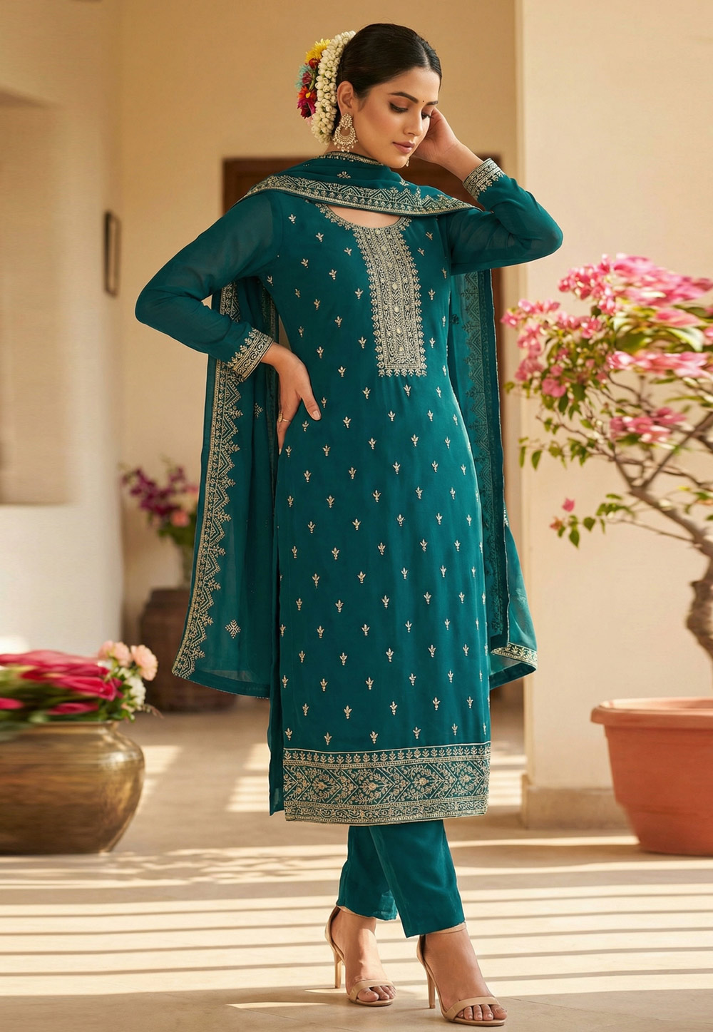 Teal Faux Georgette Pakistani Suit 327308
