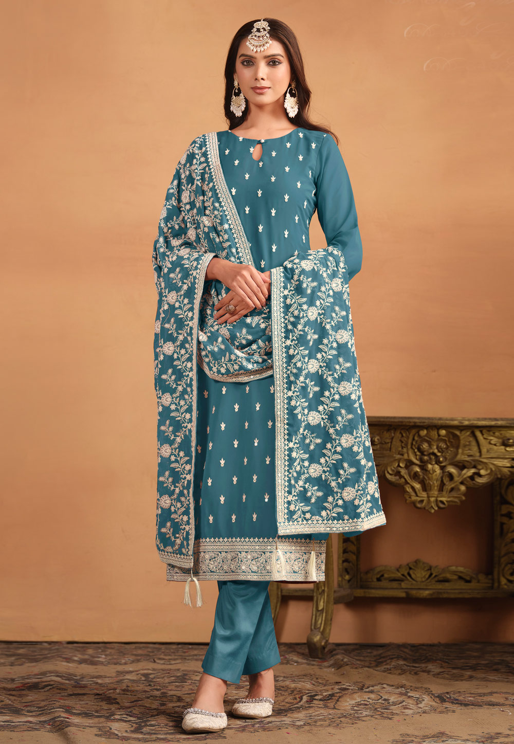 Teal Faux Georgette Pakistani Suit 284571