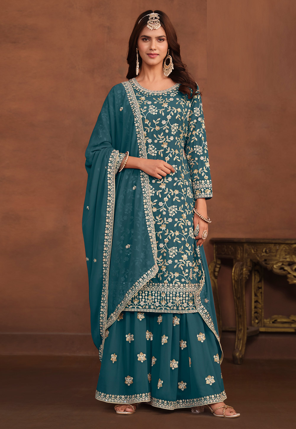 Teal Faux Georgette Palazzo Suit 280656