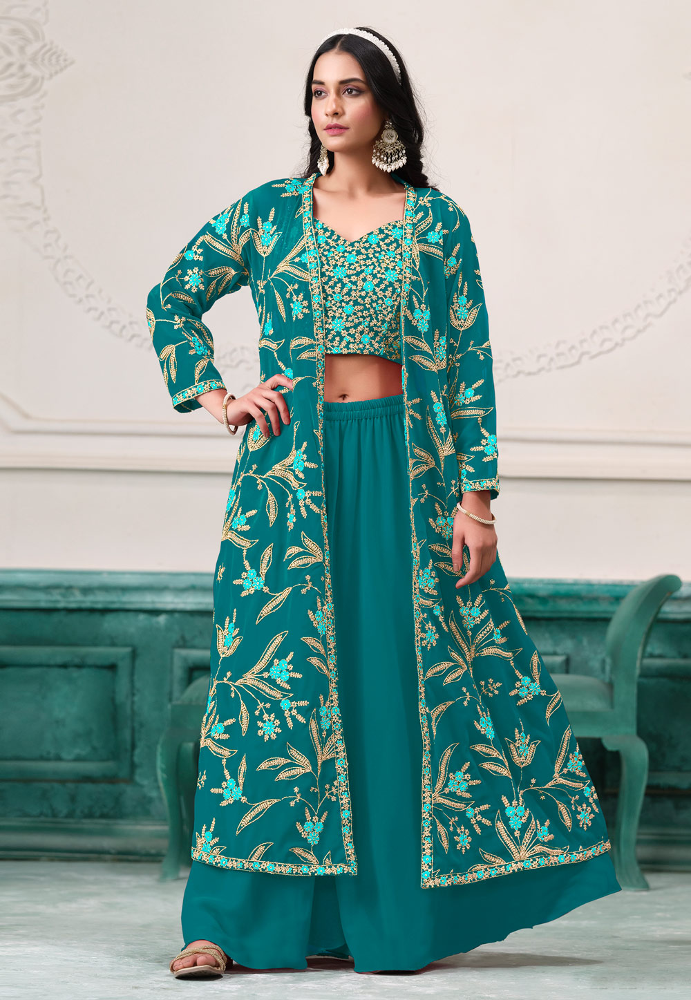 Teal Faux Georgette Palazzo With Crop Top 306896