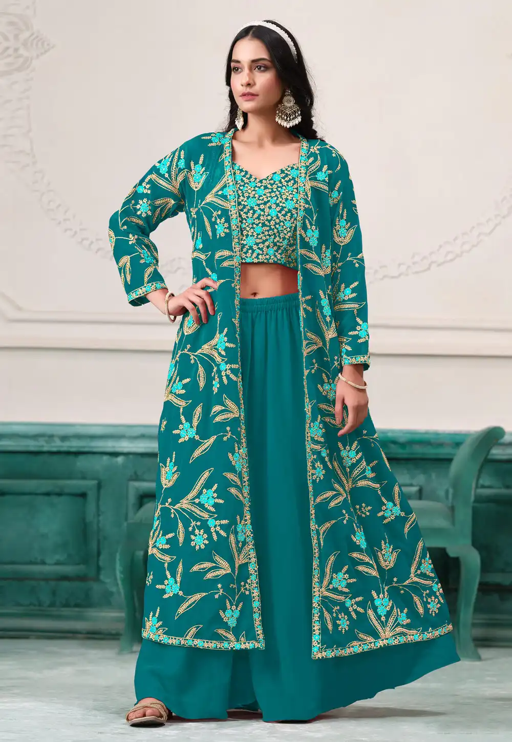 Teal Faux Georgette Palazzo With Crop Top 306896