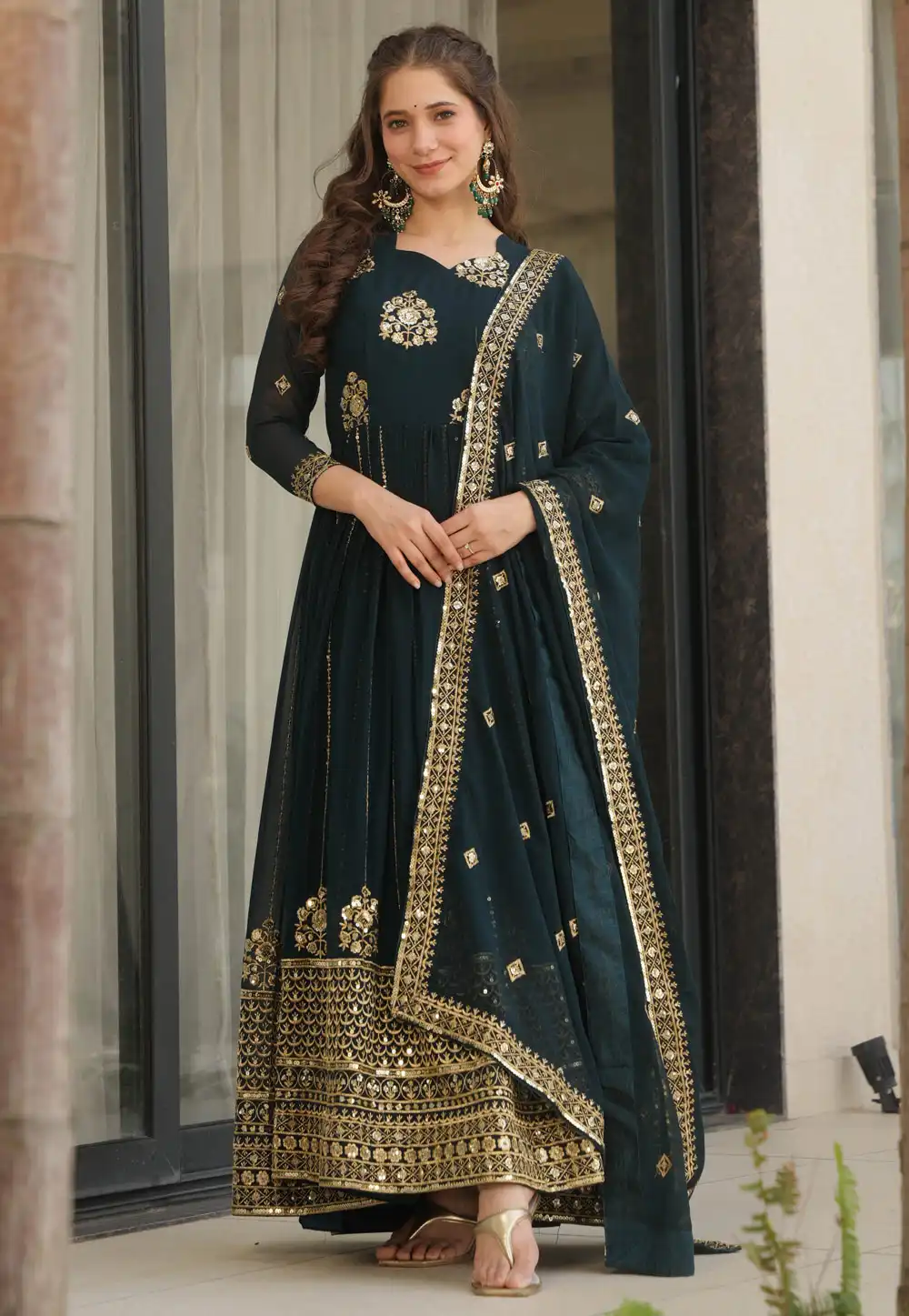 Teal Faux Georgette Readymade Anarkali Suit 314594