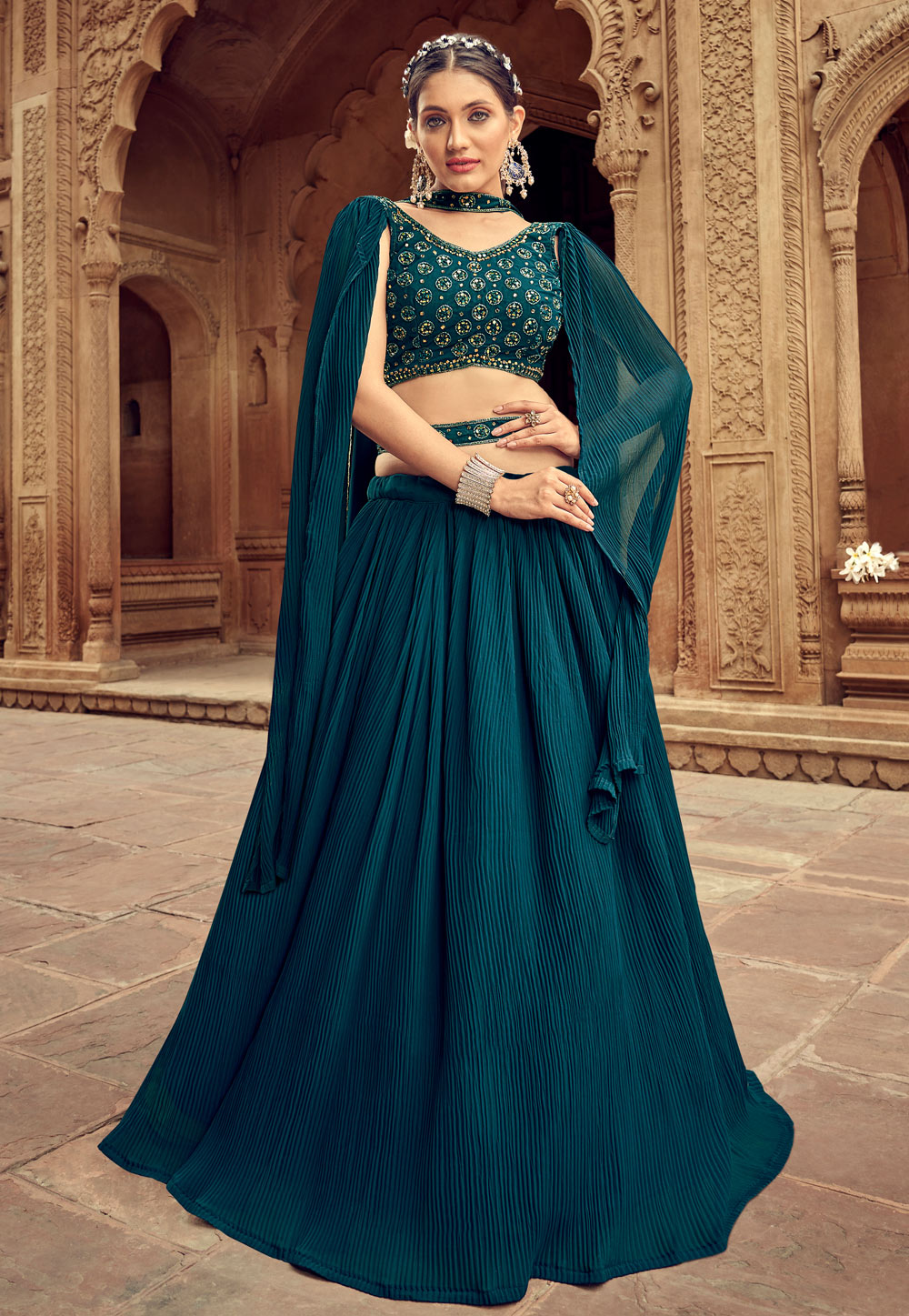 Teal Faux Georgette Readymade Lehenga Choli 284119